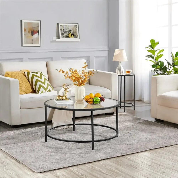 Sofa Table for Living Room Gold Round Modern Glass-Top Coffee Table - JNR Products