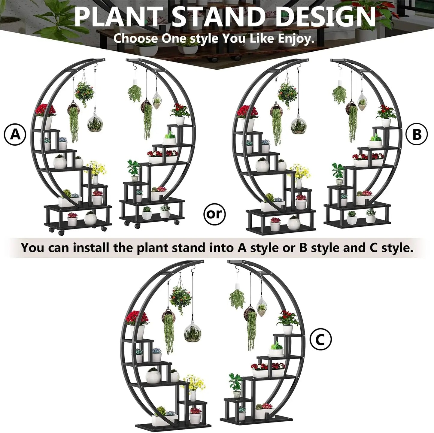 2 Pcs 6 Tier Tall Metal Indoor Plant Stand with Detachable Wheels,