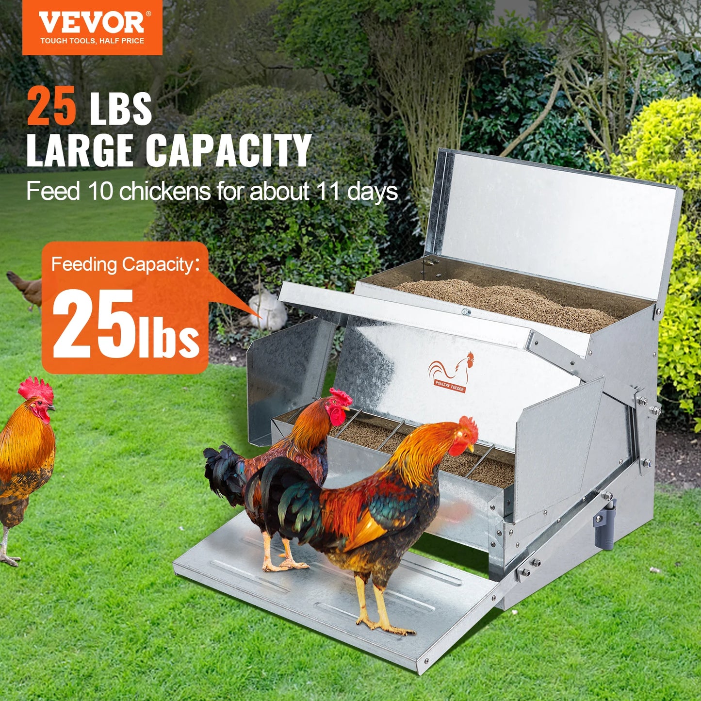 Feeds 10 Chickens up to 11 Days Galvanized Steel Poultry Feeder