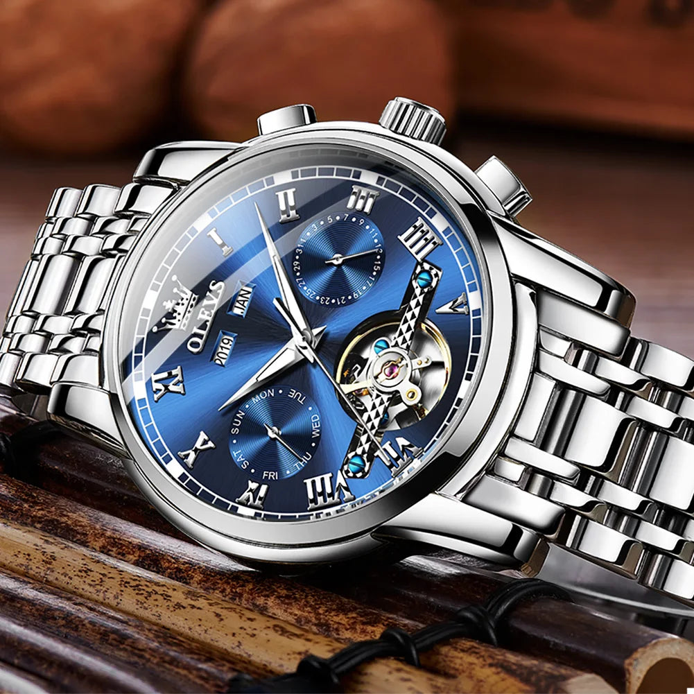 Waterproof Stainless Steel Strap Watch for Man Skeleton Calendar