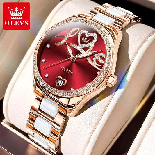 Elegant Diamond  “Love” Dial Ceramics Strap Mechanical Wristwatch Set