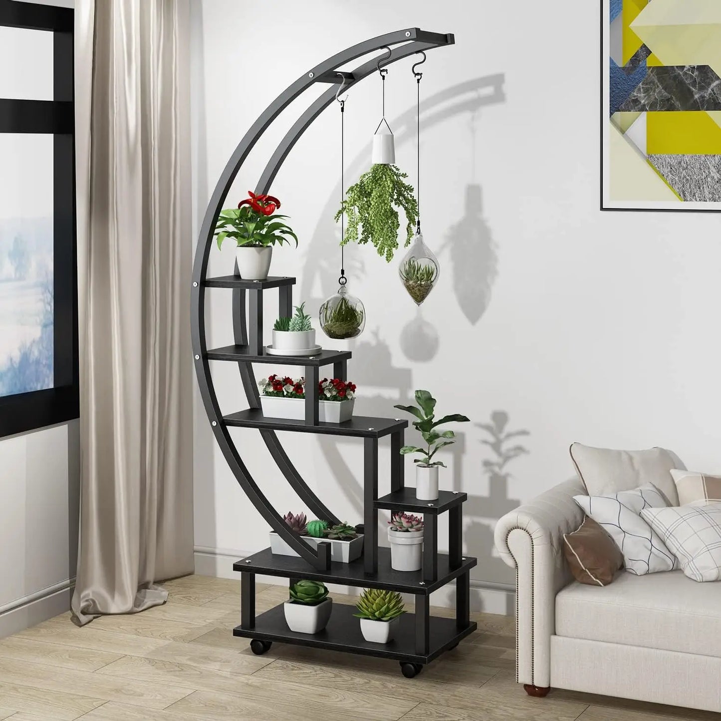 2 Pcs 6 Tier Tall Metal Indoor Plant Stand with Detachable Wheels,