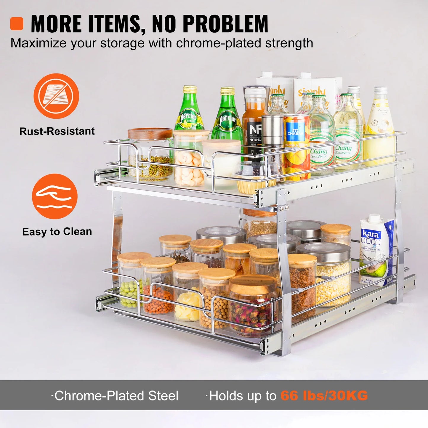 Pull Out Cabinet Organizer, Chrome-Plated Steel Roll Out Drawers