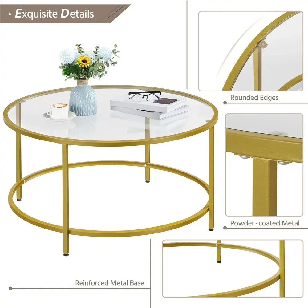 Sofa Table for Living Room Gold Round Modern Glass-Top Coffee Table