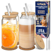 Scoozee 18 oz Drinking Glasses Set of 4 with Bamboo Lids & Glass Straws – Perfect for Iced Coffee, Beer, and Housewarming Gifts - JNR Products