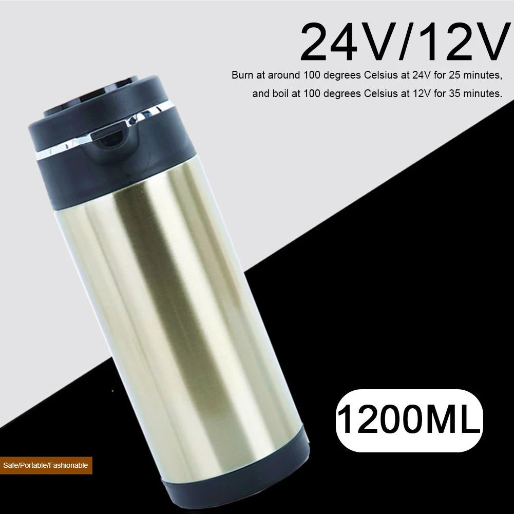 12V 24V 750ML/1200ML Car Heating Cup Stainless Steel Electric Kettle Water Coffee Milk Thermal Mug for Home Car Winter Travel