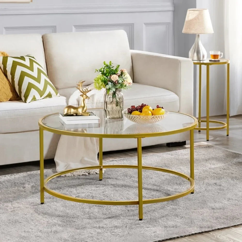 Sofa Table for Living Room Gold Round Modern Glass-Top Coffee Table