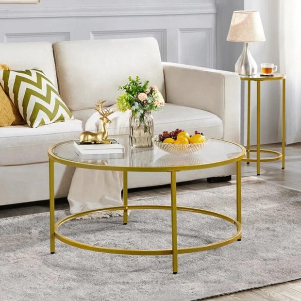 Sofa Table for Living Room Gold Round Modern Glass-Top Coffee Table - JNR Products