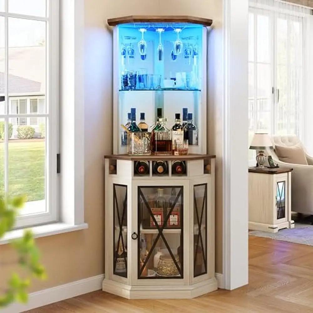 Rustic Corner Bar Cabinet LED Lights Adjustable Shelves Home Wine Storage Glass Door - JNR Products