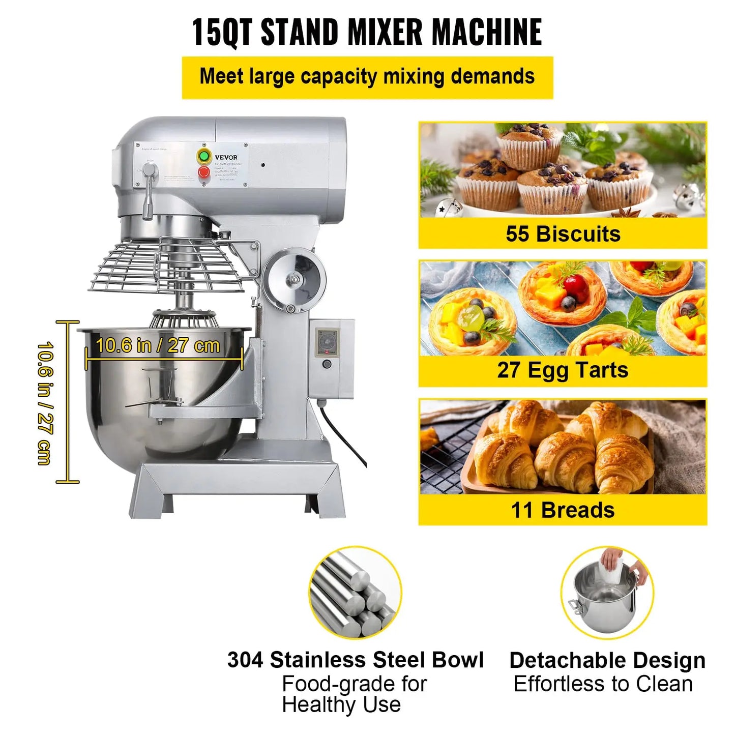 Commercial Food Mixer 15Qt 600W 3 Speeds Adjustable 110/178/390 RPM