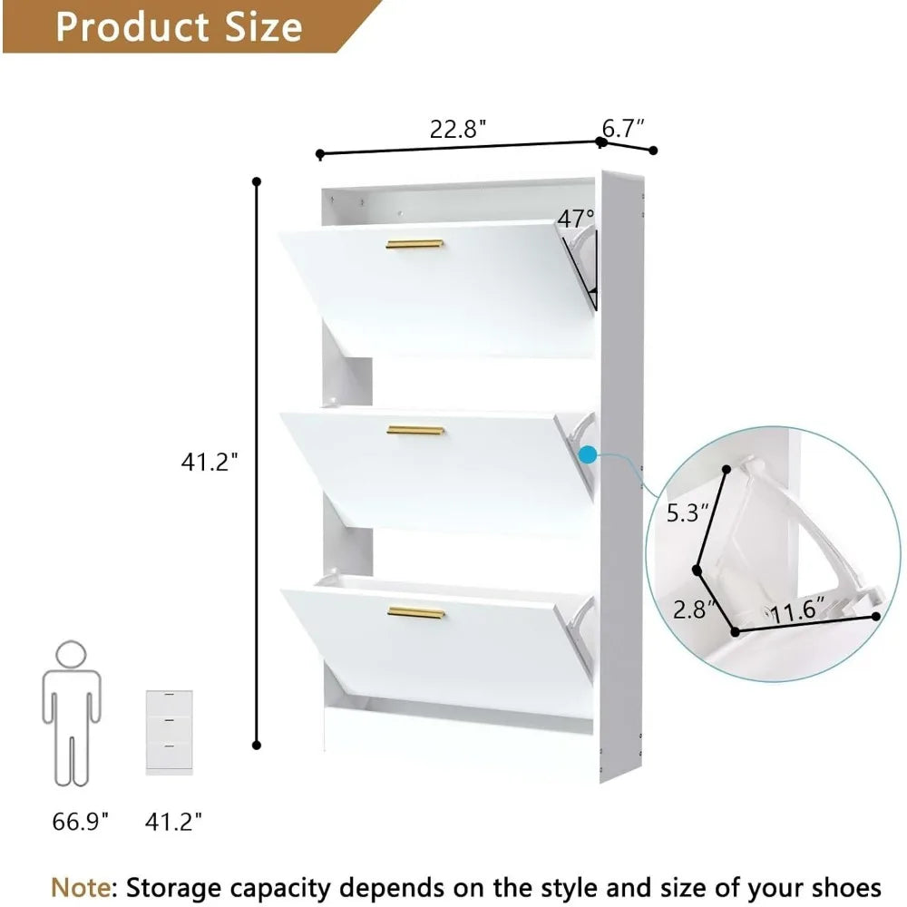 Narrow Shoe Storage Cabinet, Shoe Cabinet for Entryway with 3 Flip Drawers