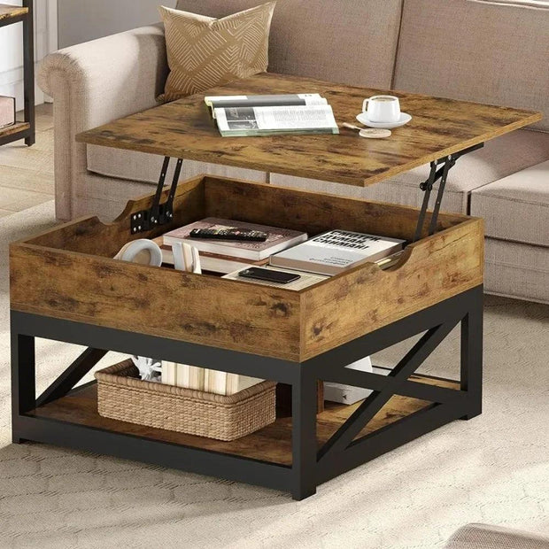 Marble Coffee Table Luxury Rustic Brown Lift Top Coffee Table With Double Storage - JNR Products