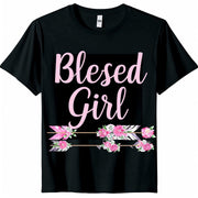 Stylish Black T Shirt with 'Blessed Girl' Design Perfect for Grandma Floral accents arrow and pink/white lettering on a sleek black background - JNR Products