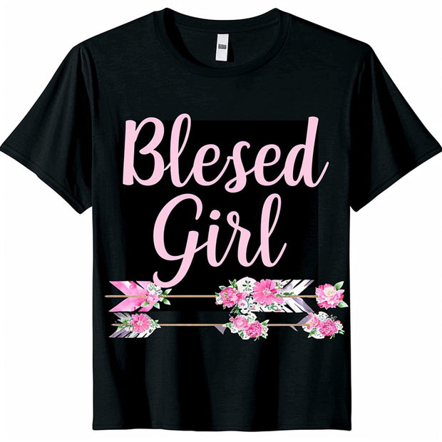 Stylish Black T Shirt with 'Blessed Girl' Design Perfect for Grandma Floral accents arrow and pink/white lettering on a sleek black background - JNR Products