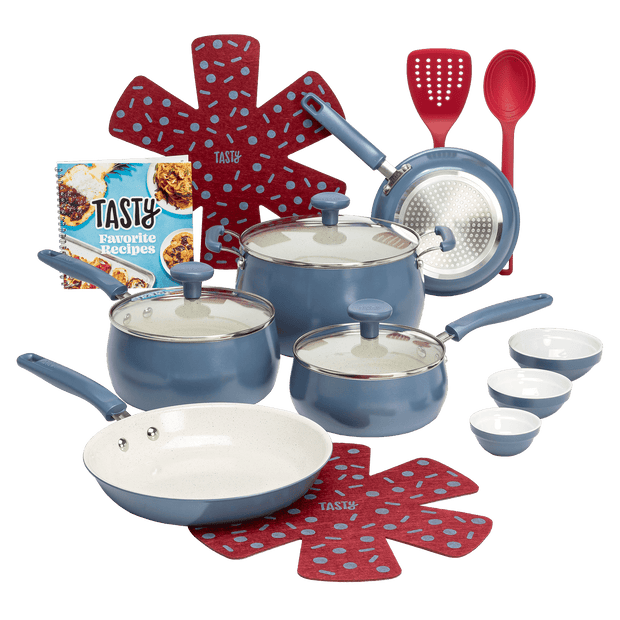 Tasty Clean Ceramic 16 Piece Non-Stick Aluminum Cookware Set, Slate Blue - JNR Products