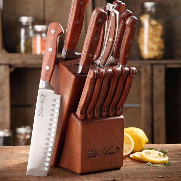 The Pioneer Woman Frontier Collection 14-Piece Cutlery Set with Wood Block, Rosewood - JNR Products