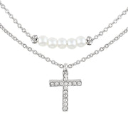 Time and Tru Women's Silver Tone Cross Pendant and Simulated Pearl Layered Necklace Set, 2-Piece - JNR Products