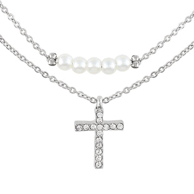 Time and Tru Women's Silver Tone Cross Pendant and Simulated Pearl Layered Necklace Set, 2-Piece - JNR Products