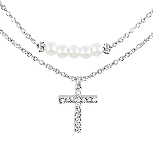 Time and Tru Women's Silver Tone Cross Pendant and Simulated Pearl Layered Necklace Set, 2-Piece - JNR Products