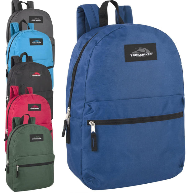 Trail Maker 24 Pack of Bulk Wholesale Basic and Classic 17 Inch Backpacks with Front Accessory Pocket, Dual Zipper Closure and Padded Adjustable Shoulder Straps for Work, School and Classrooms in Gray - JNR Products
