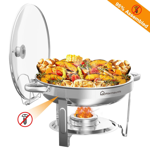 WARMOUNTS Chafing Dish Buffet Set, 2 Pack 5-Quart Round Buffet Chafe Warmer Set, 410 Stainless Steel Chafing Dish Buffet Food Warmer with Glass Lid & Holder - JNR Products