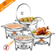 WARMOUNTS Chafing Dish Buffet Set, 2 Pack 5-Quart Round Buffet Chafe Warmer Set, 410 Stainless Steel Chafing Dish Buffet Food Warmer with Glass Lid & Holder - JNR Products