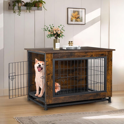 Walsunny Wooden Dog Crate Furniture,Double-Doors Kennel Indoor with Divider and Removable Tray,End Table Dog Crate for Decoration 38.6"L x 25.6"W x 26.8"H，Brown - JNR Products