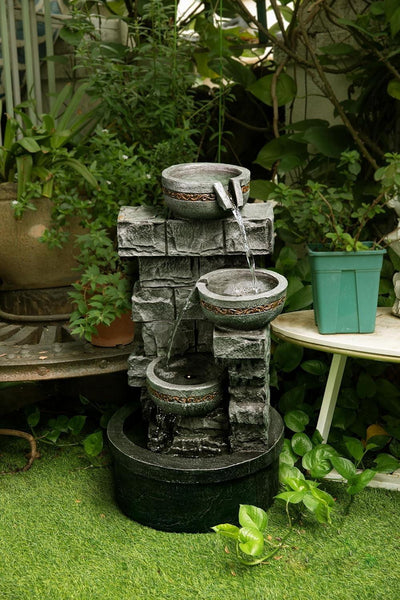 Water 3 Tiered Bowls Floor Stacked Stone Waterfall Fountain for Outdoor Patio Garden Backyard Decking Décor. 28 Inch Tall - JNR Products