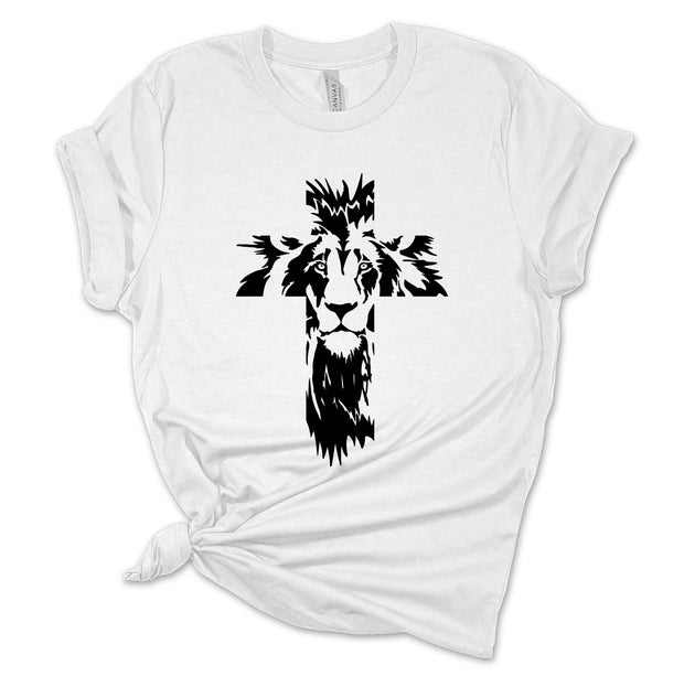 Womens Christian Tshirt The Lion of Judah Cross Jesus Christian Short Sleeve T-shirt Graphic Tee-Heather Dust-small - JNR Products