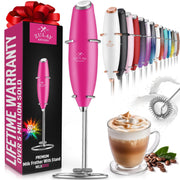 Zulay Kitchen Milk Frother with Stand Handheld Electric Whisk for Coffee Latte and Matcha Beaming Pink - JNR Products