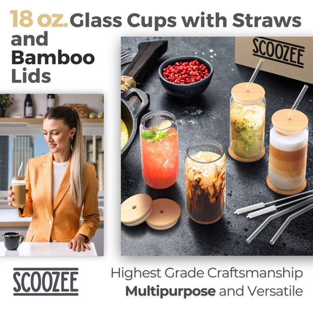 Scoozee 18 oz Drinking Glasses Set of 4 with Bamboo Lids & Glass Straws – Perfect for Iced Coffee, Beer, and Housewarming Gifts - JNR Products