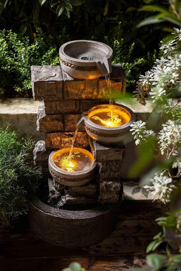 Water 3 Tiered Bowls Floor Stacked Stone Waterfall Fountain for Outdoor Patio Garden Backyard Decking Décor. 28 Inch Tall - JNR Products