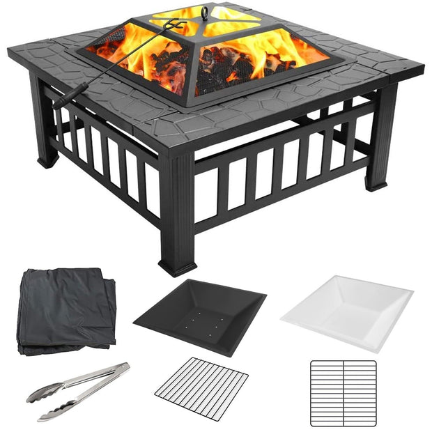 Fire Pits for Outside, 32" Wood Burning Fire Pit Tables with Screen Lid, Poker, BBQ Net, Ice Tray, Food Clip and Cover, Backyard Patio Garden Outdoor Fire Pit/Ice Pit/BBQ Fire Pit, Black - JNR Products