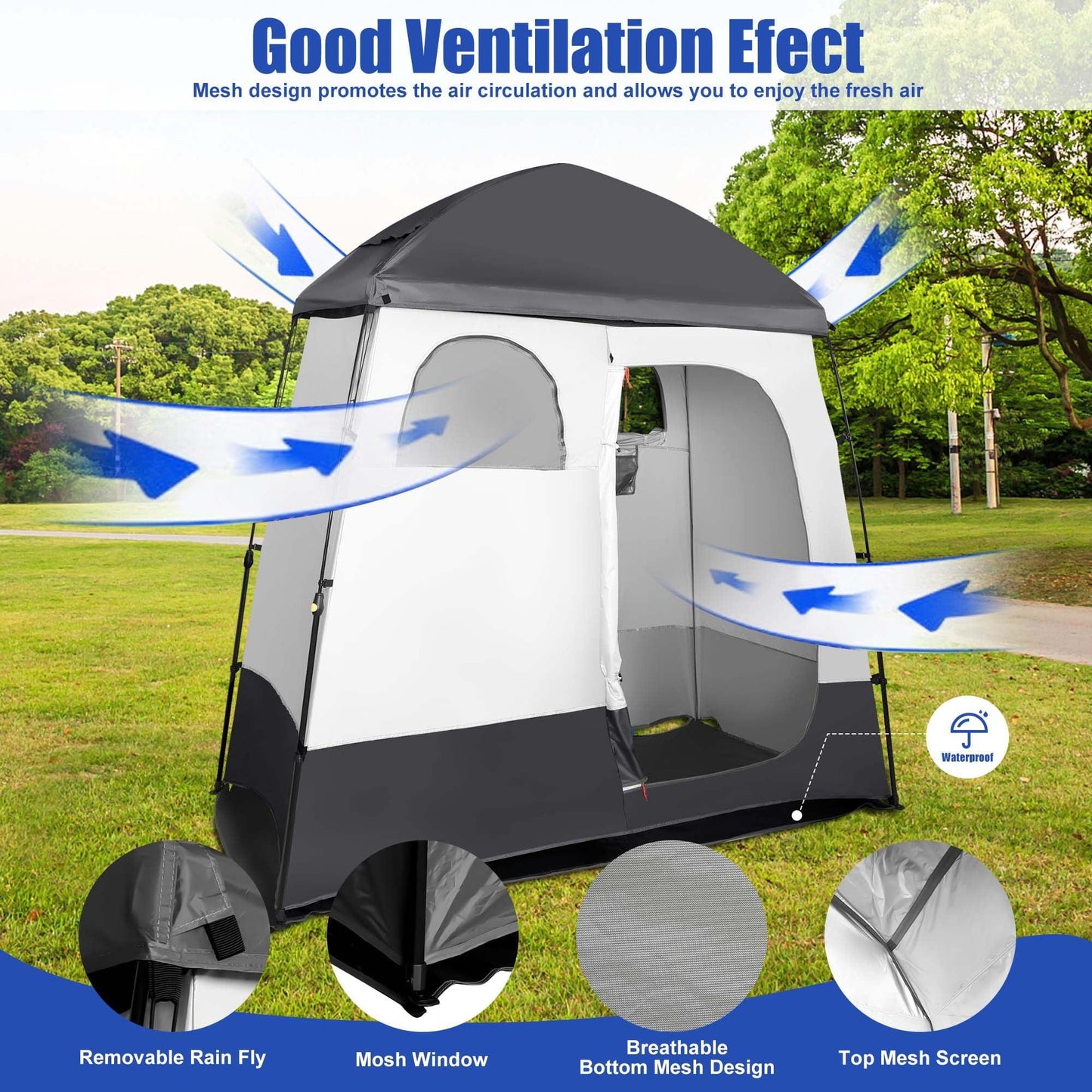 GVDV Camping Shower Tent, 2 Rooms Oversize Outdoor Portable Shelter, Privacy Tent with Detachable Top, 87" x 47" x 87" - JNR Products