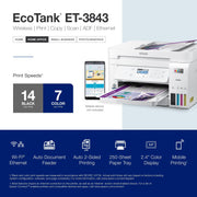 EcoTank ET-3843 Wireless Color All-in-One Cartridge-Free Supertank Printer with Scanner, Copier, ADF and Ethernet - JNR Products