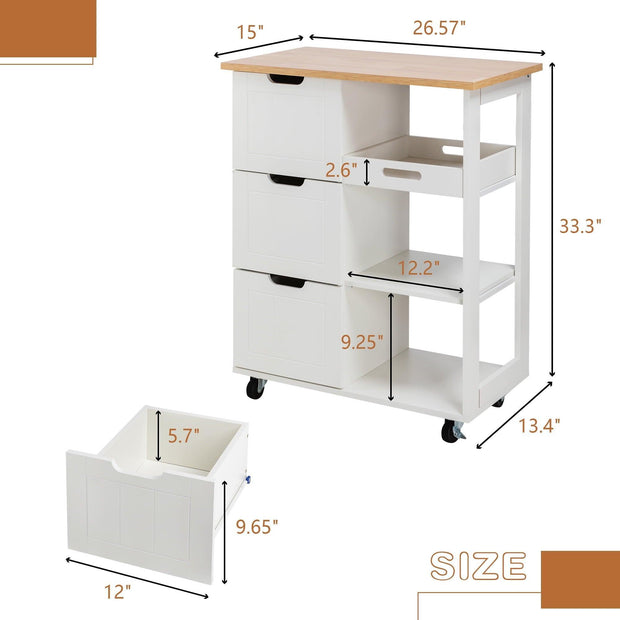 Walsunny Kitchen Island, Rolling Kitchen Storage Cart with 3 drawers 3 Level Open Wooden shelving Counter tops, Coffee Bar（White） - JNR Products