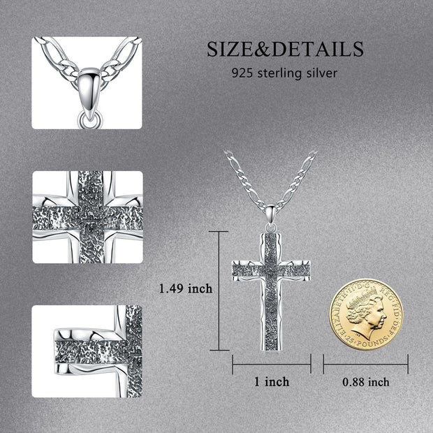 925 Sterling Silver Cross Pendant with Stainless Steel Figaro Chain Oxidized Cross Necklace Christian Jewelry - JNR Products