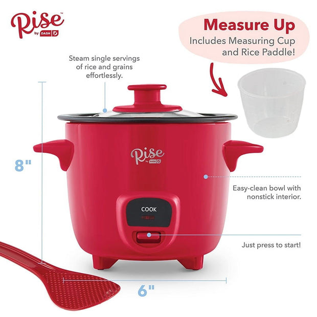 Rise By Dash Mini Rice Cooker Steamer with Removable Non-Stick Pot, Keep Warm Function & Recipe Guide, 2 Cups, for Soups, Stews, Grains & Oatmeal - Red - JNR Products