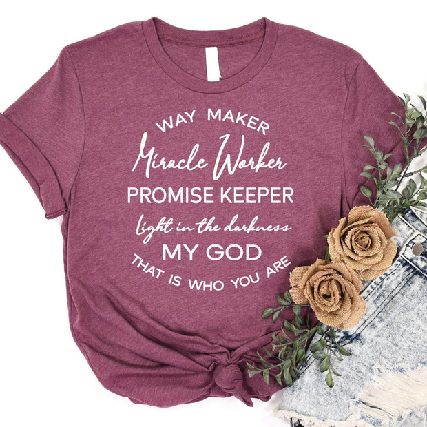 Love in Faith | Way Maker Short Sleeve | Heather Burgundy | Christian T-Shirts for Women | Faith Based Apparel |Christian Gifts - JNR Products