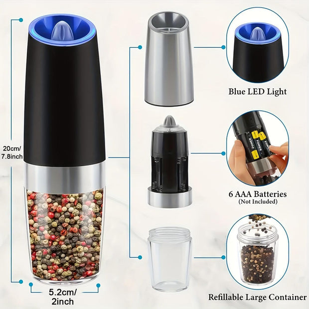 2pcs Stainless Steel Adjustable Coarseness Gravity Electric Pepper and Salt Grinder Set, Battery Operated with LED Light, No Batteries Included - JNR Products