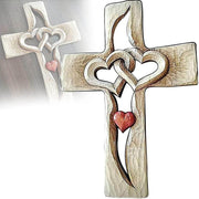 Carved Wooden Cross Intertwined Hearts, Wooden Love Cross, Wall Hanging Hand Carved Wood Cross for Home Living Room Decor - JNR Products