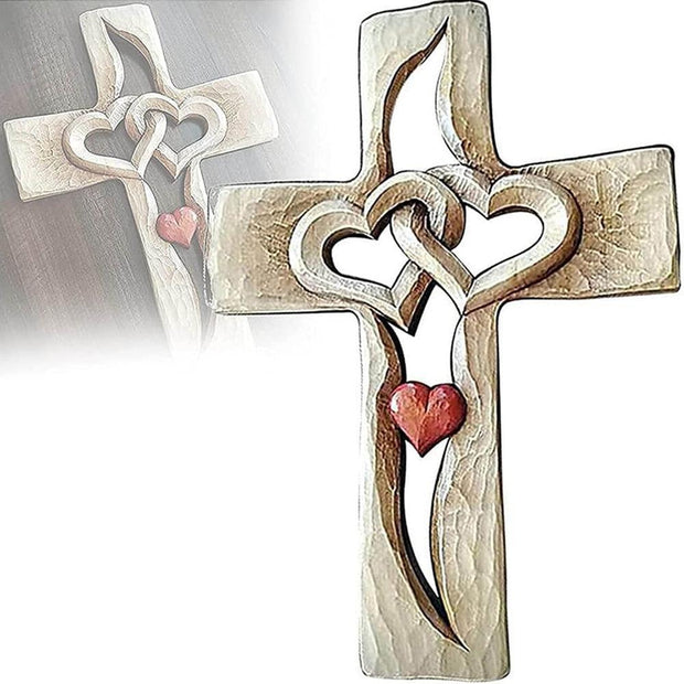 Carved Wooden Cross Intertwined Hearts, Wooden Love Cross, Wall Hanging Hand Carved Wood Cross for Home Living Room Decor - JNR Products