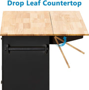 CAIDI Rolling Kitchen Island with Drop Leaf, Kitchen Cart with Rubber wood Countertop, Lockable Casters, Adjustable Shelves, Matte(Black-51.2"x29.5"x35.8") - JNR Products