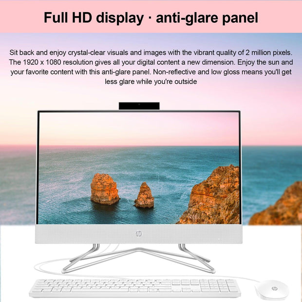 HP Essential All-in-One, 21.5" FHD Display, Intel Celeron J4025, 8GB RAM, 256GB SSD, HDMI, Webcam, Wired Keyboard & Mouse, Wi-Fi, Windows 11 Home, White - JNR Products