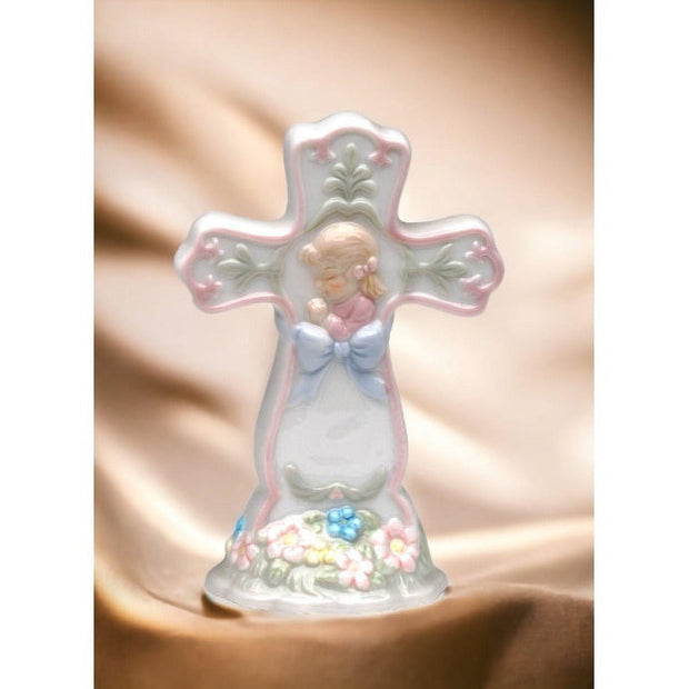 Ceramic Cross with Praying Girl Figurine Religious Decor Religious Gift Church Decor - JNR Products