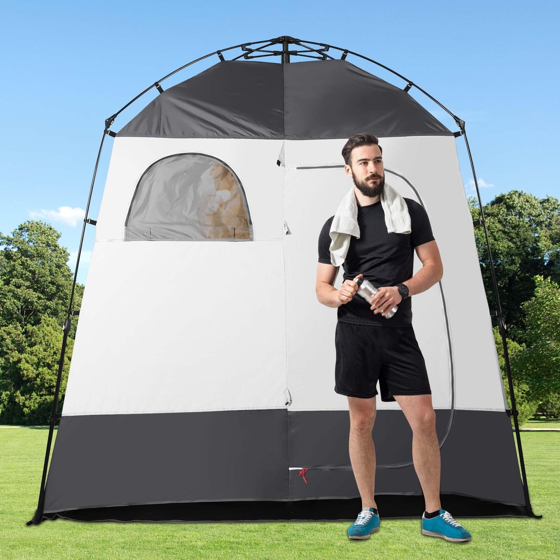 GVDV Camping Shower Tent, 2 Rooms Oversize Outdoor Portable Shelter, Privacy Tent with Detachable Top, 87" x 47" x 87" - JNR Products