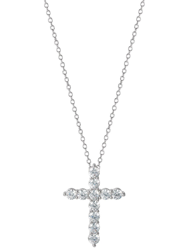 Fine Siver Plated Brass Cubic Zirconia Cross Pendant, 18" + 2" Ext Chain - JNR Products