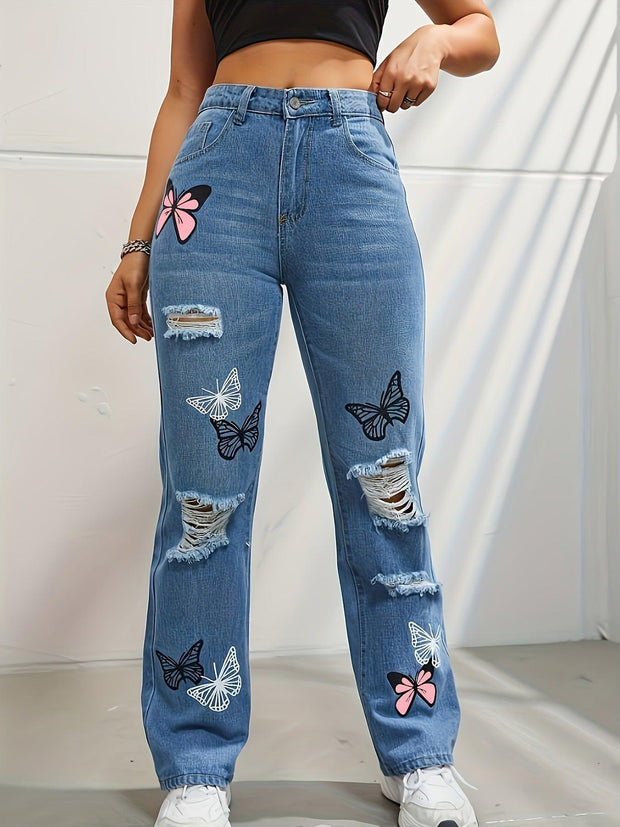 High Waisted Straight Leg Jeans For Women Trendy Butterfly Print Ripped Distressed Denim Pants - JNR Products