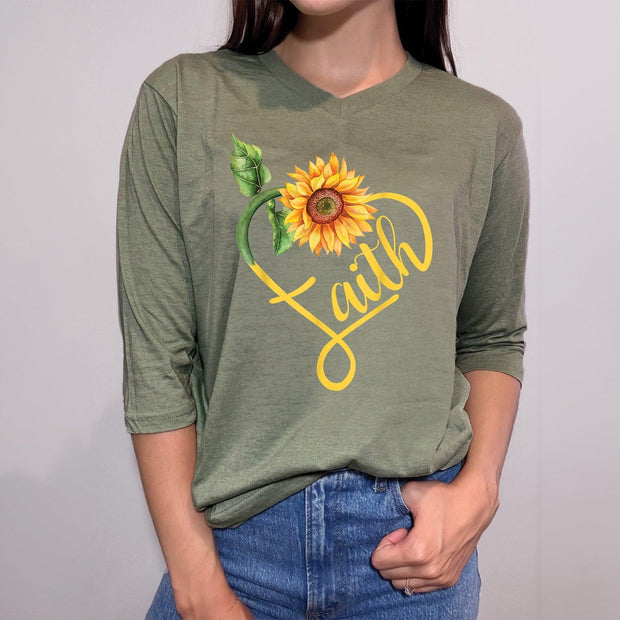 Love in Faith | Faith Sunflower 3/4 Sleeve V-Neck | Christian T-Shirts for Women | Faith-Based Apparel | Christian Gifts | Heather Olive | 3XL - JNR Products