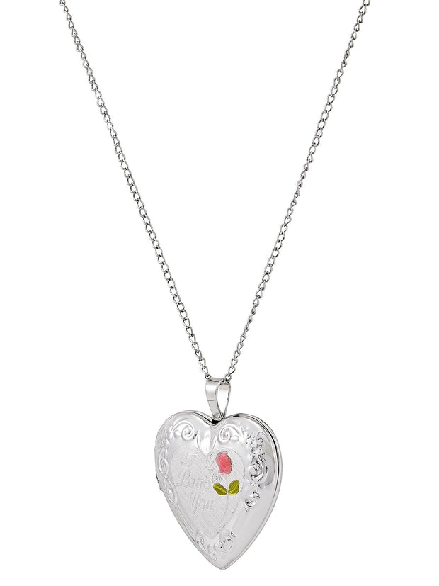 Brilliance Fine Jewelry Sterling Silver "I Love You" and Painted Rose Heart Locket Necklace, 18" - JNR Products